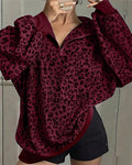 Leopard Half Zip Drop Shoulder Sweatshirt - Red