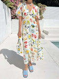 Flutter Sleeve V Neck Printed Midi Dress - Decor