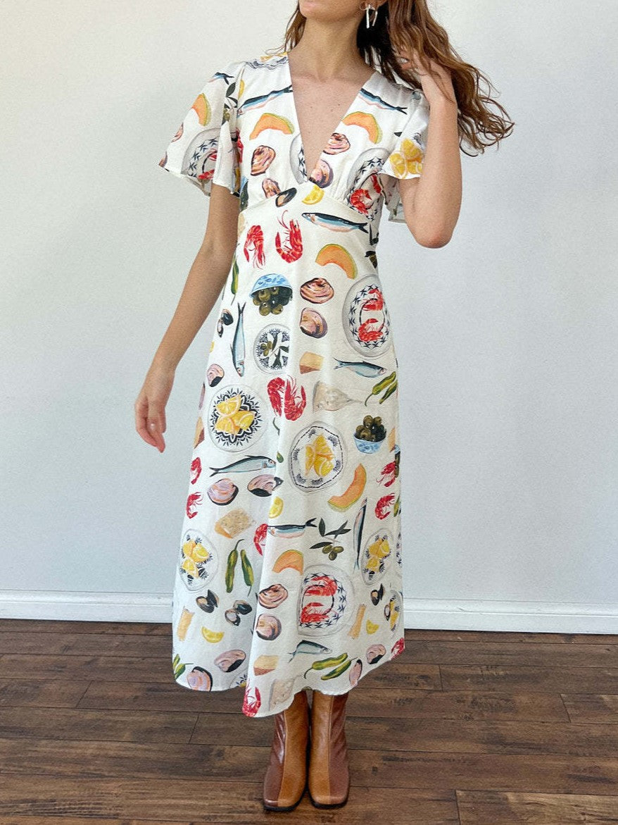 Flutter Sleeve V Neck Printed Midi Dress - Decor - 3