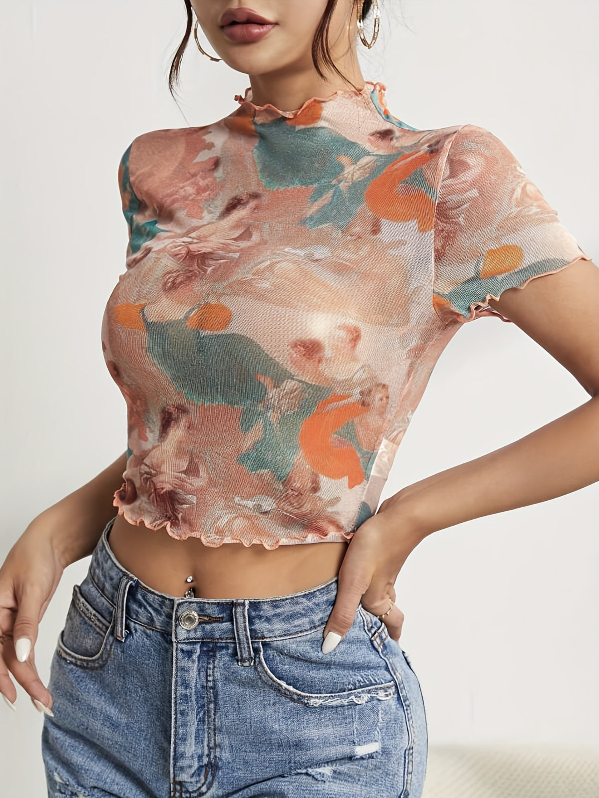 Renaissance Print Sheer Mesh Mock Neck Tee - sunset