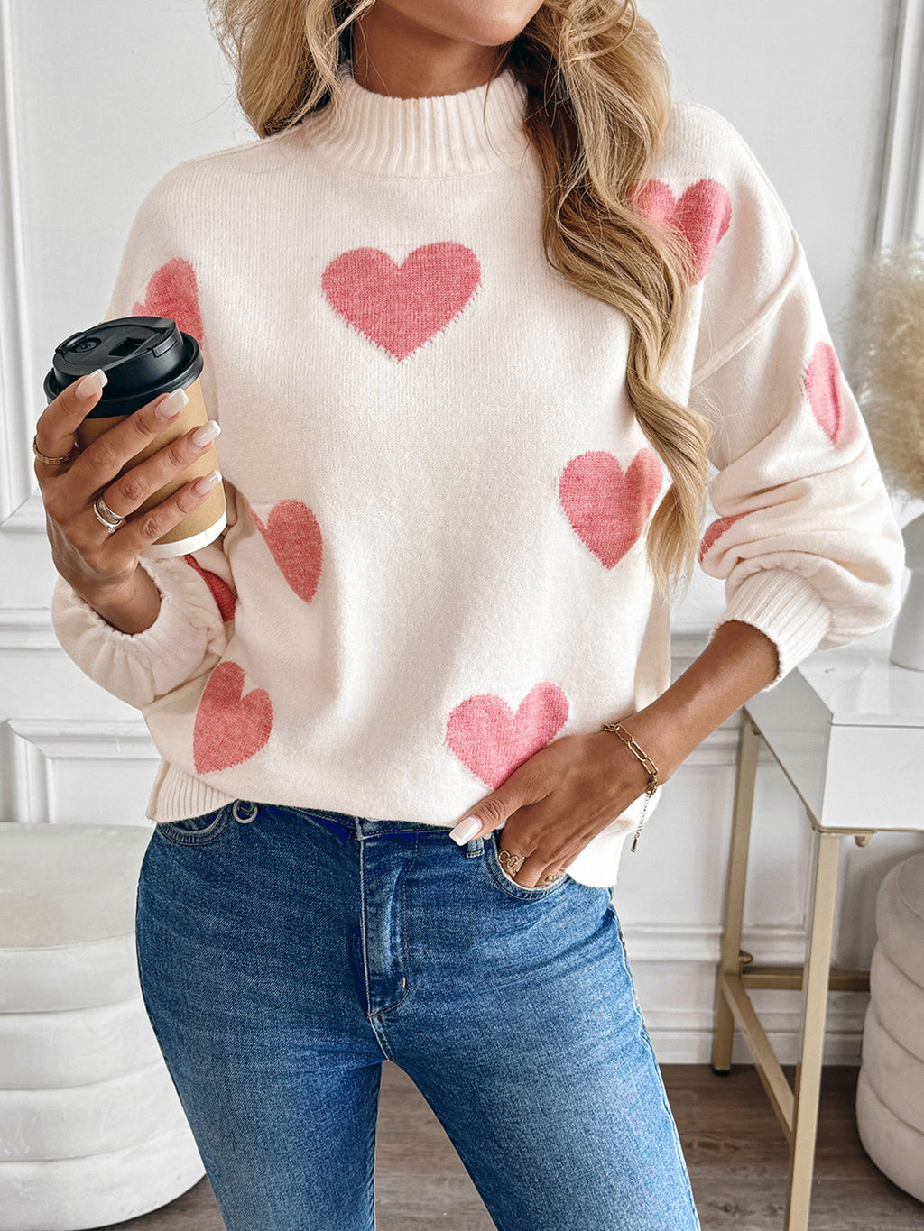 Heart Jacquard Mock Neck Knit Sweater - Pink