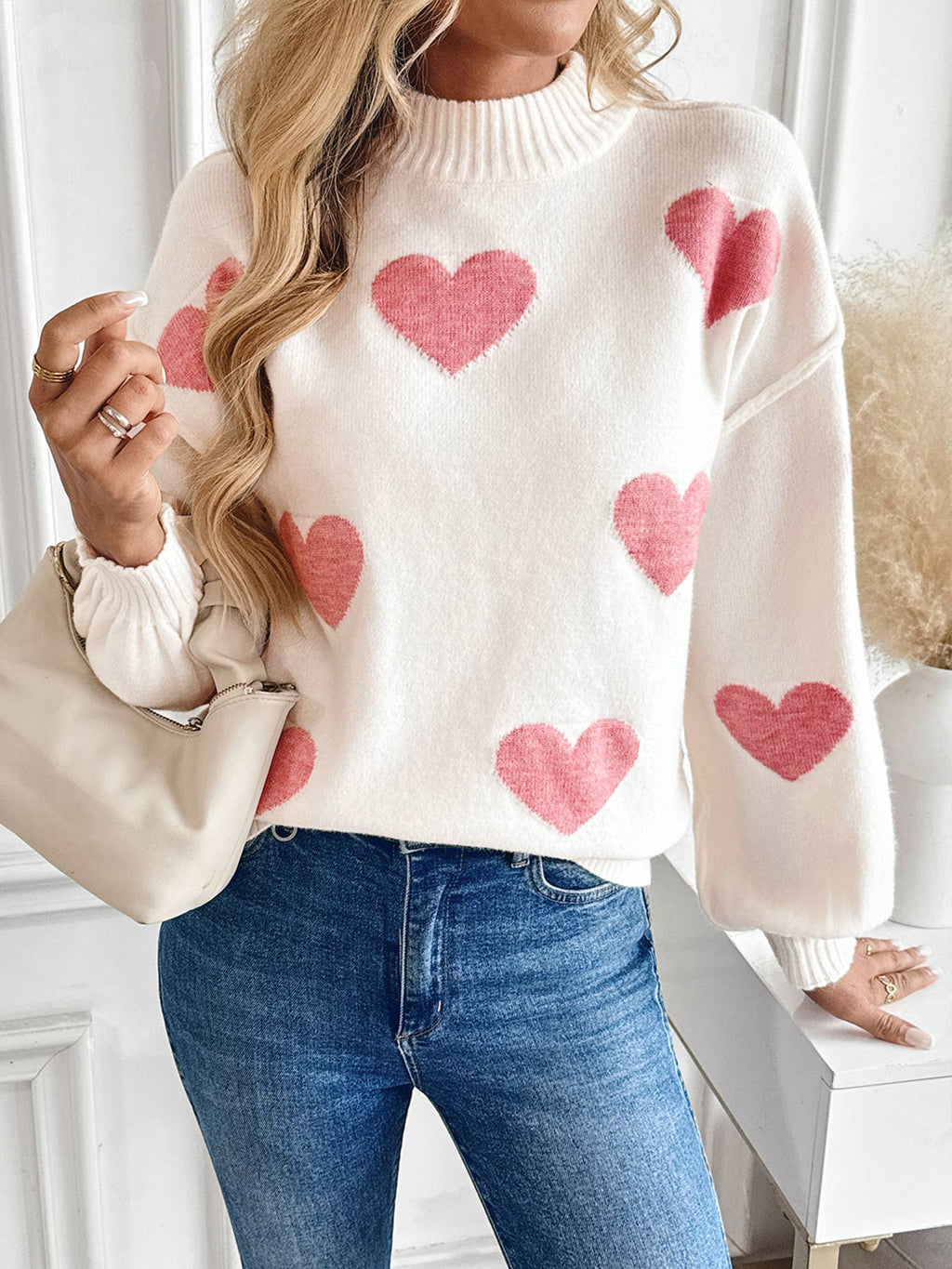 Heart Jacquard Mock Neck Knit Sweater
