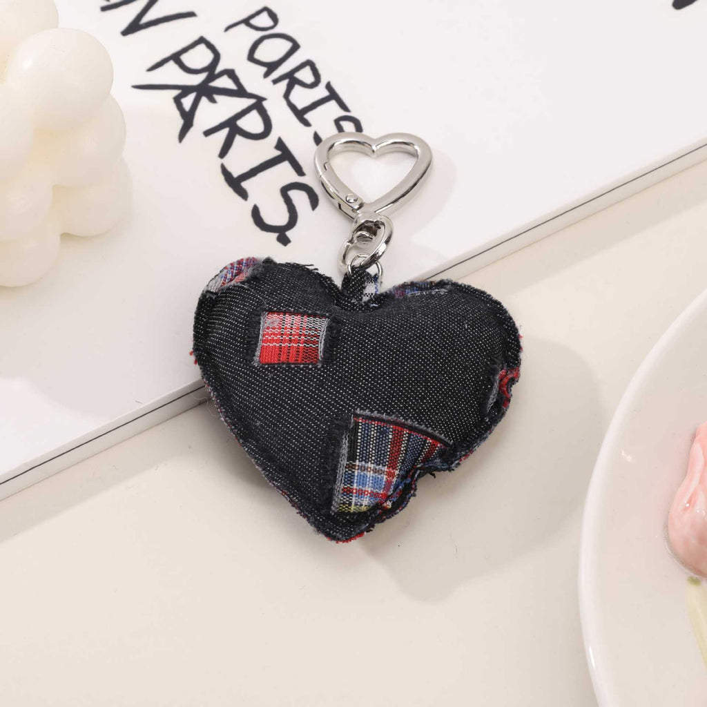 Raw Edge Denim Puffy Heart Keychain - Black