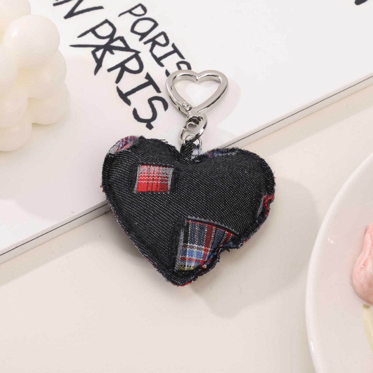 Raw Edge Denim Puffy Heart Keychain - Black