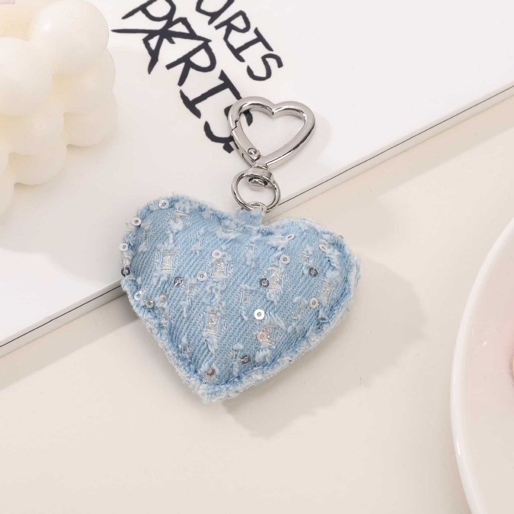 Raw Edge Denim Puffy Heart Keychain - Blue_01