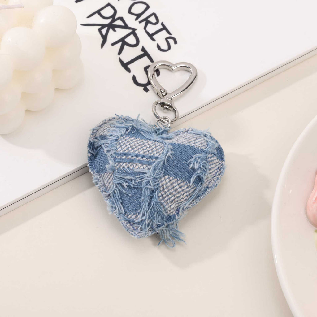 Raw Edge Denim Puffy Heart Keychain - Blue_02