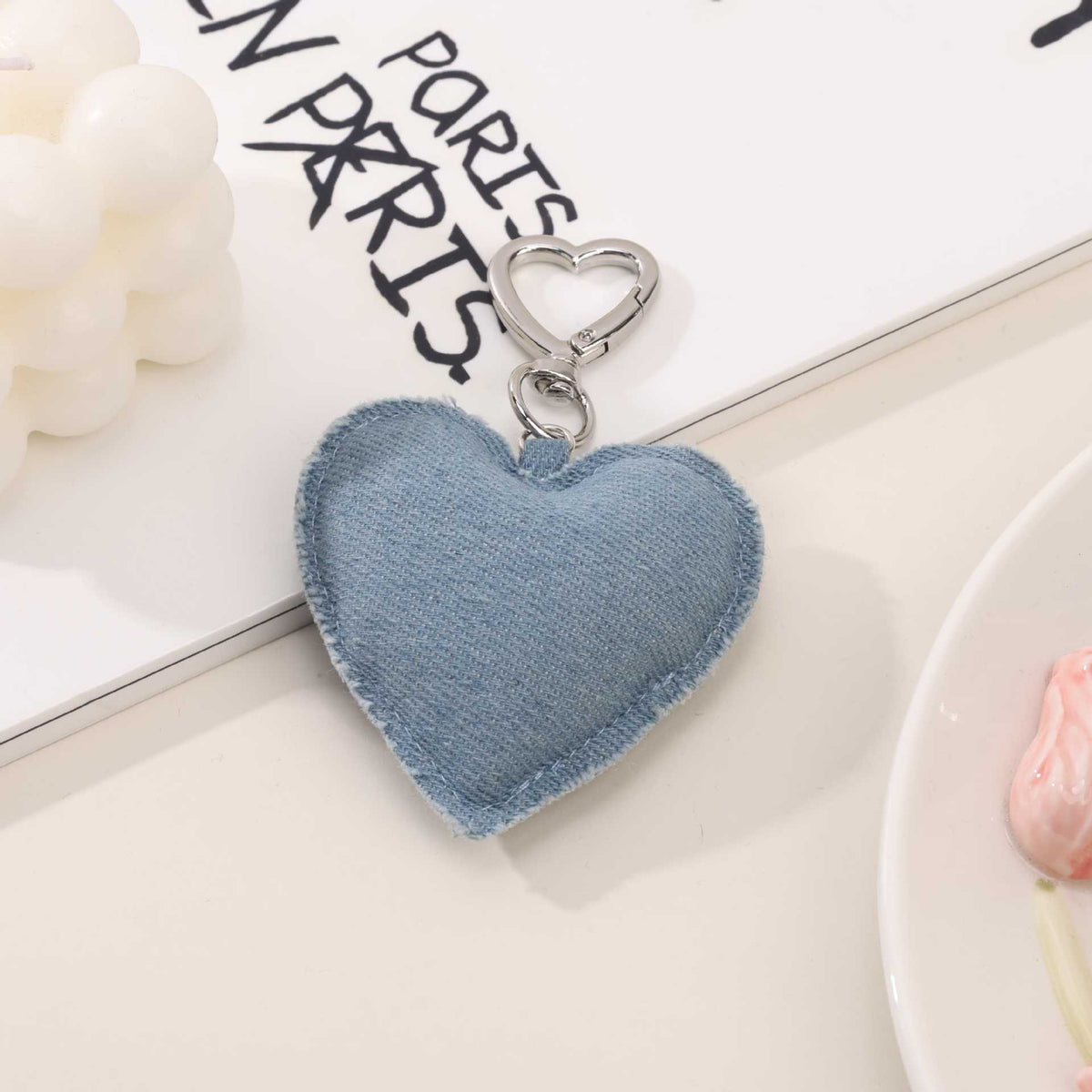 Raw Edge Denim Puffy Heart Keychain - Blue_04