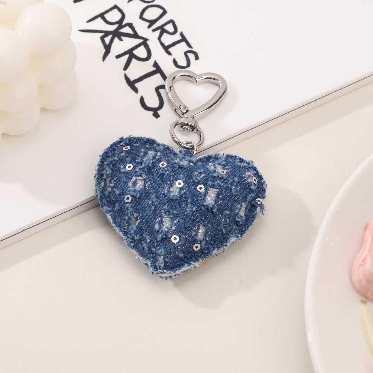 Raw Edge Denim Puffy Heart Keychain - Blue_05