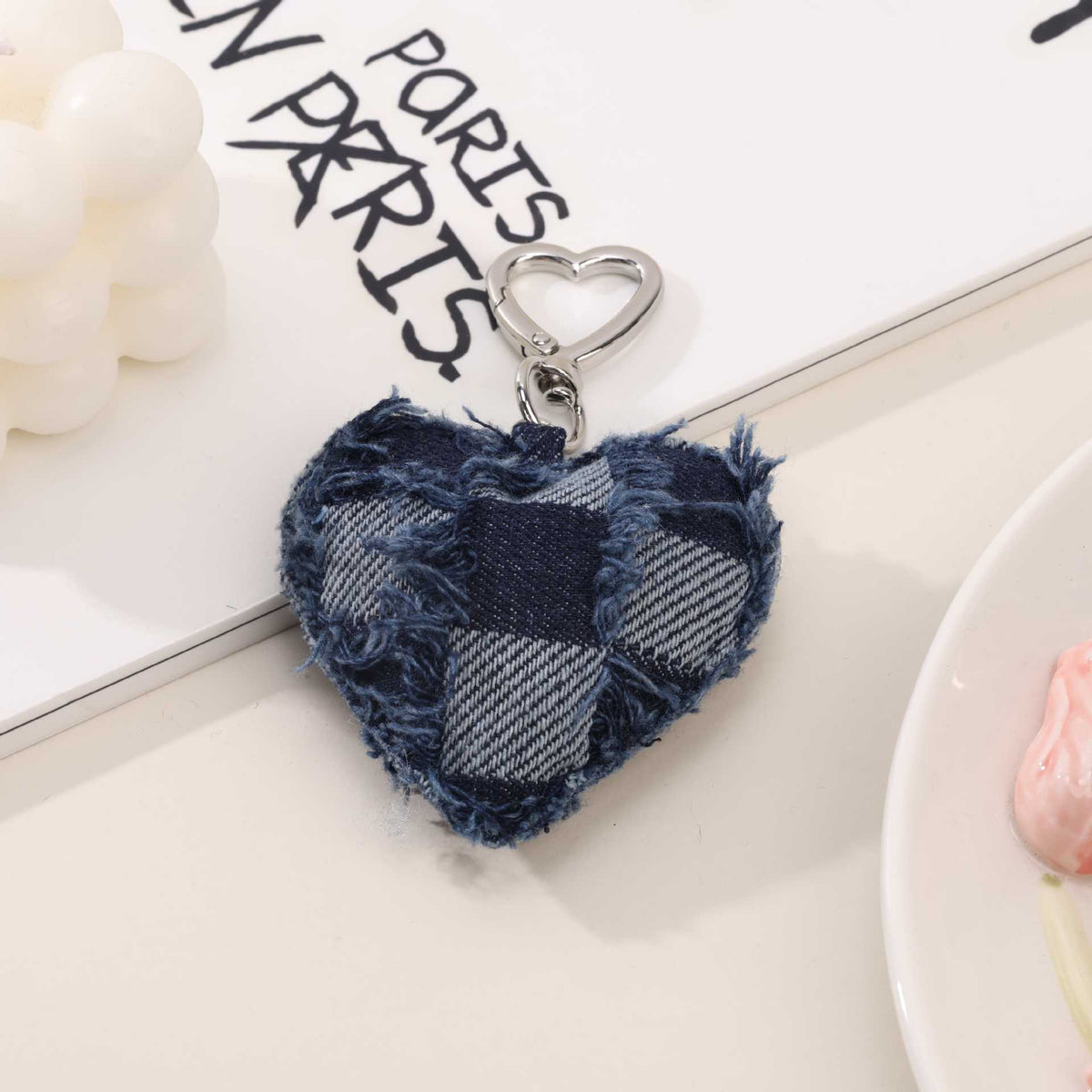 Raw Edge Denim Puffy Heart Keychain - Blue_06
