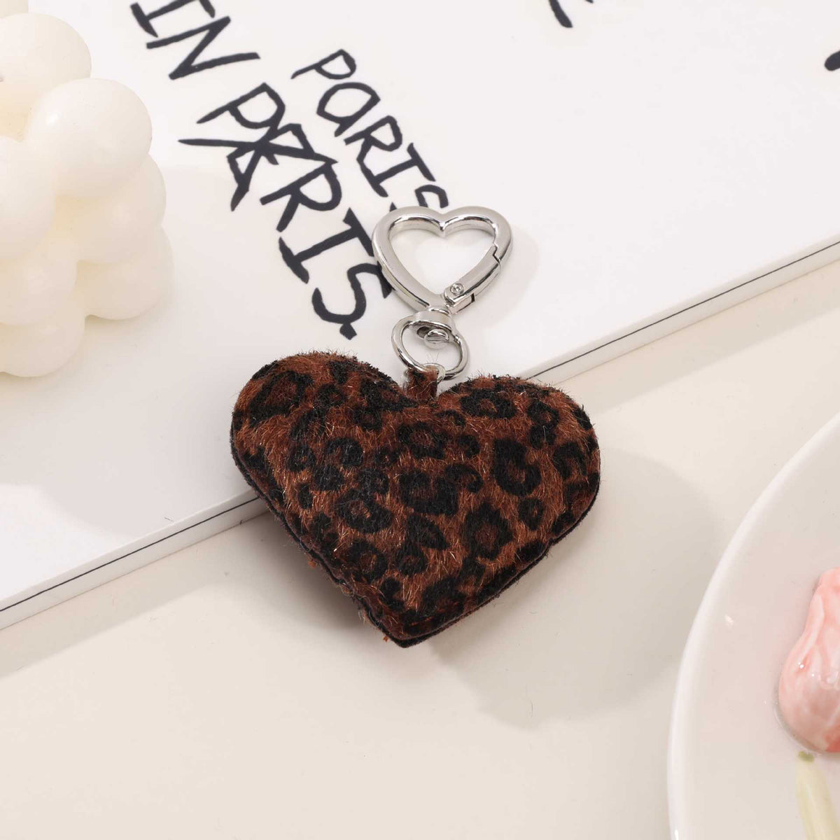Raw Edge Denim Puffy Heart Keychain - Brown