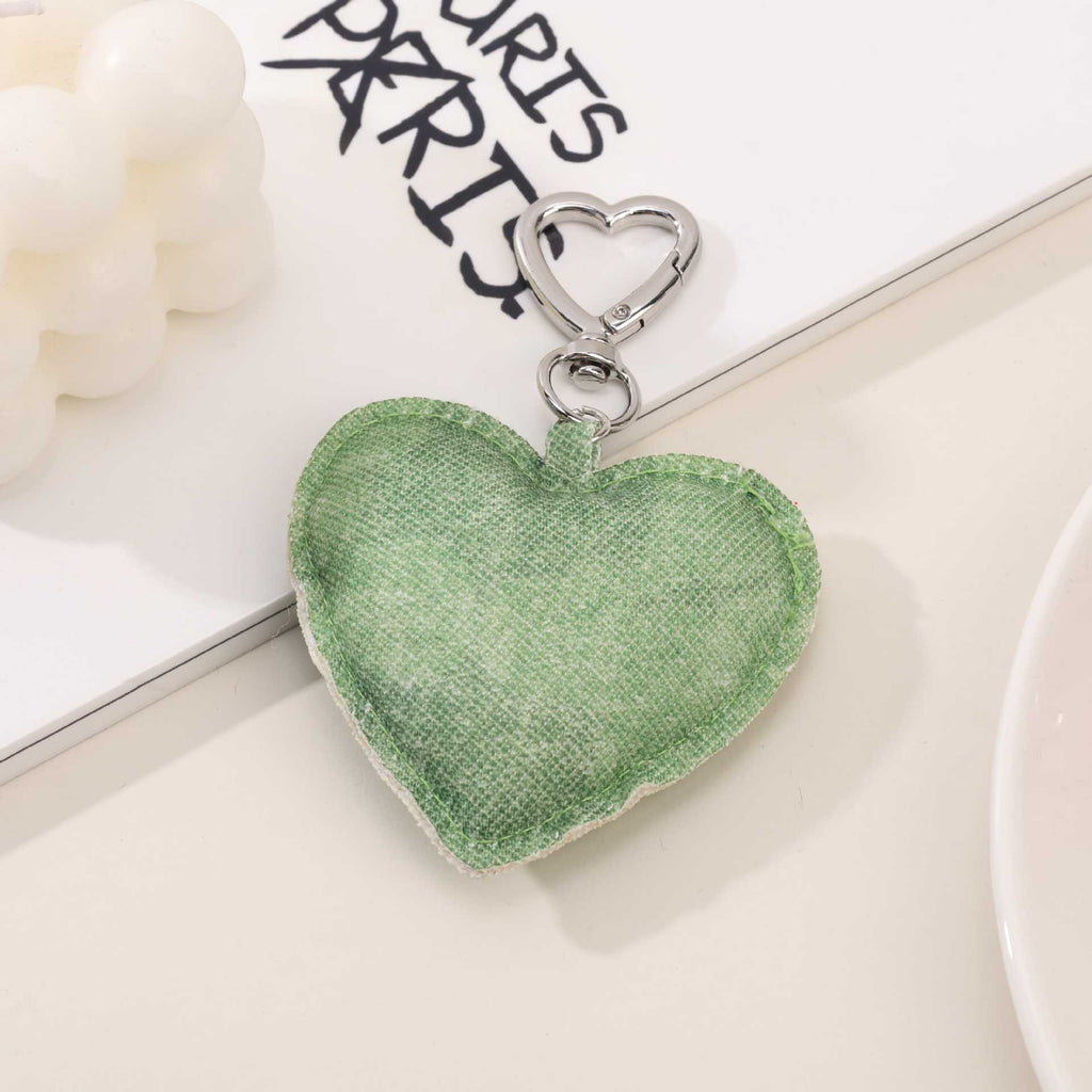 Raw Edge Denim Puffy Heart Keychain - Green