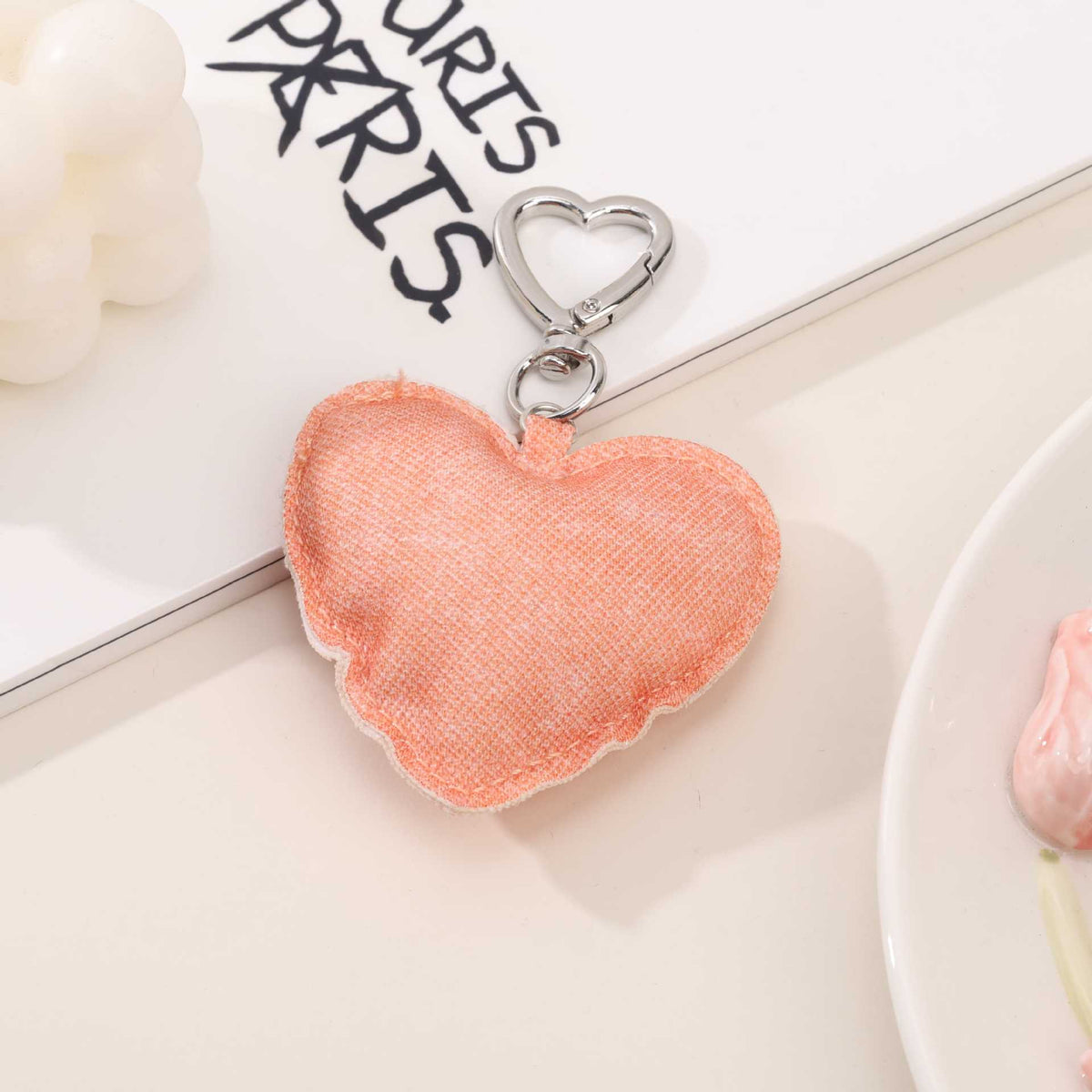 Raw Edge Denim Puffy Heart Keychain - Orange