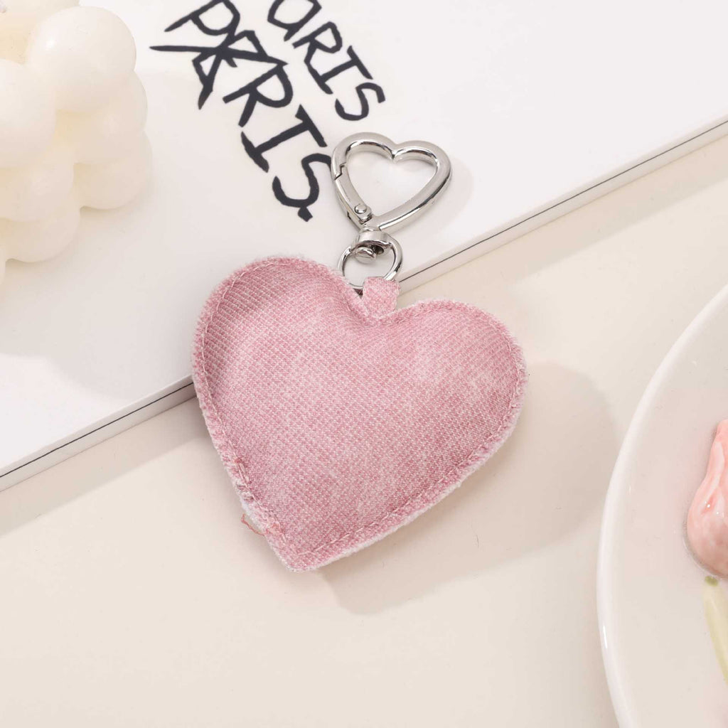 Raw Edge Denim Puffy Heart Keychain - Pink