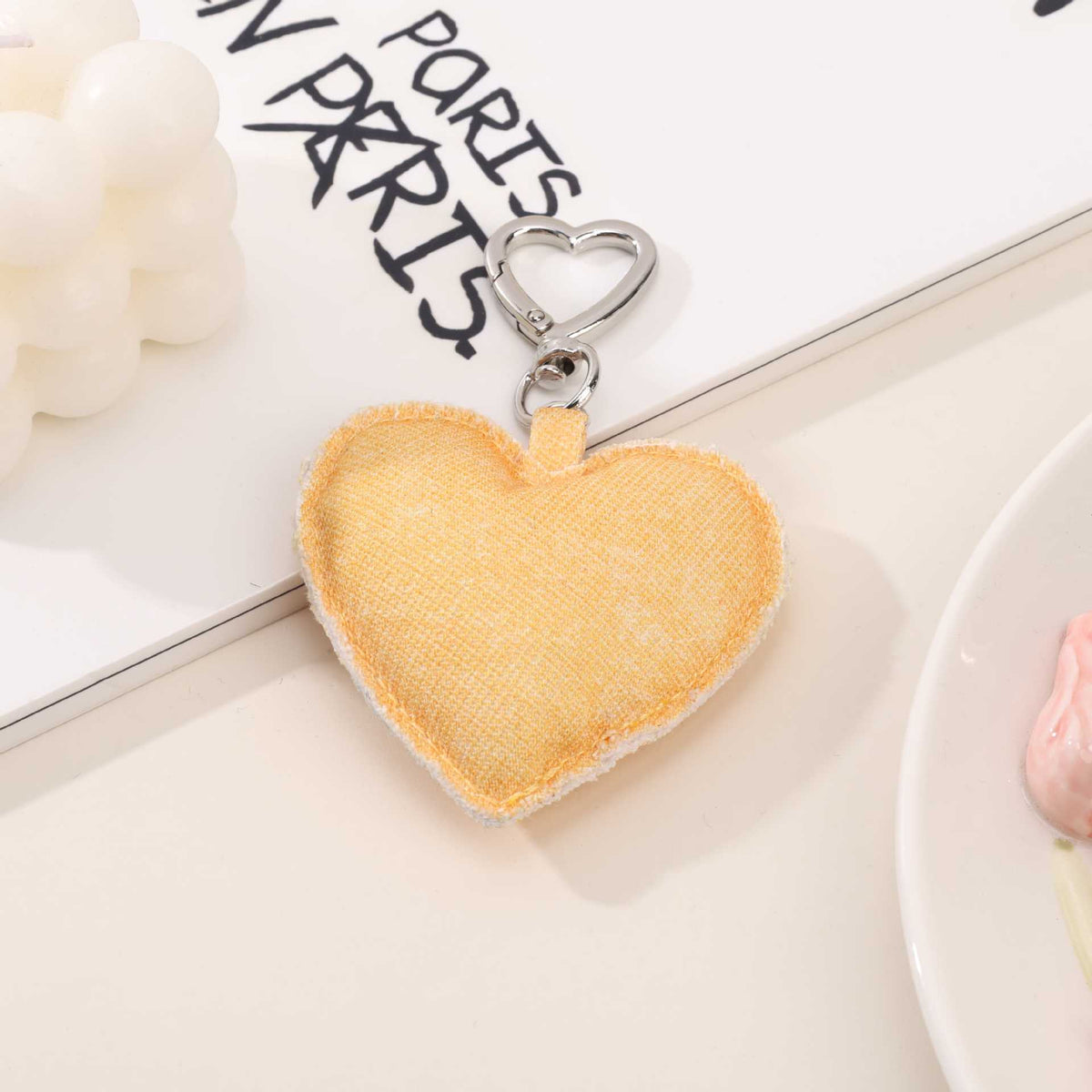 Raw Edge Denim Puffy Heart Keychain - Yellow