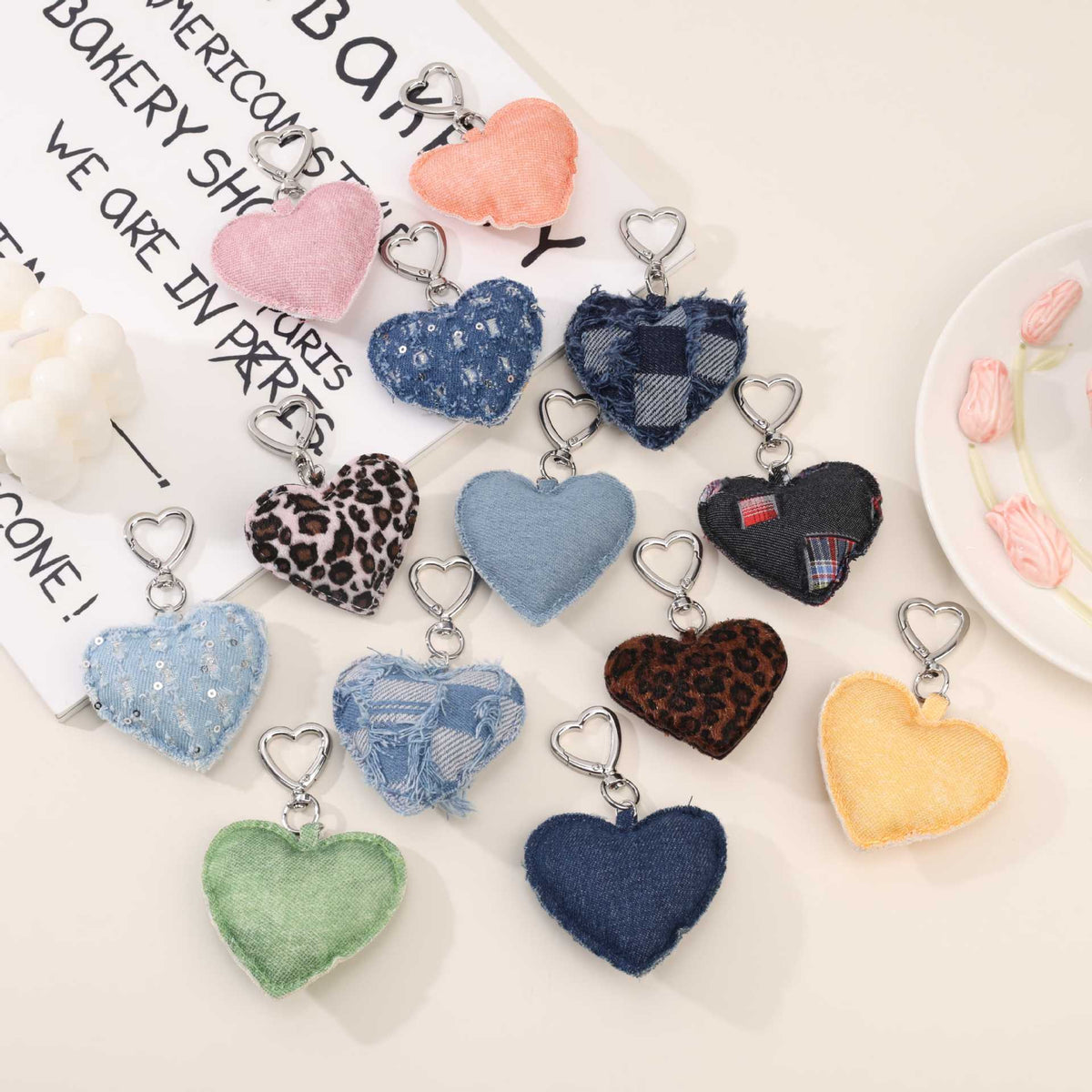 Raw Edge Denim Puffy Heart Keychain