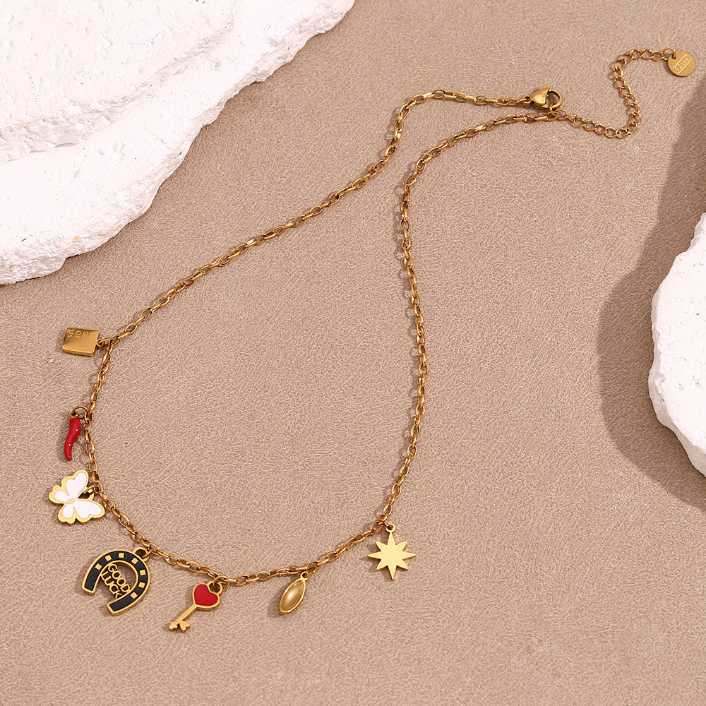 Lucky Horseshoe Charm Cluster Necklace - Gold - 4