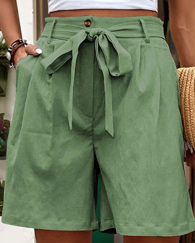 Belted High Waist Bermuda Shorts - Green_2 - 1