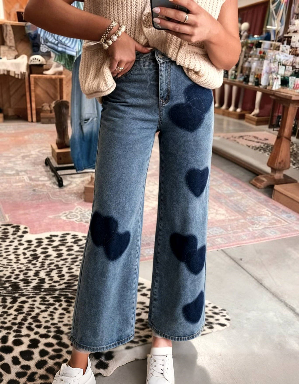 Heart Patch Wide Leg Denim Jeans - Blue