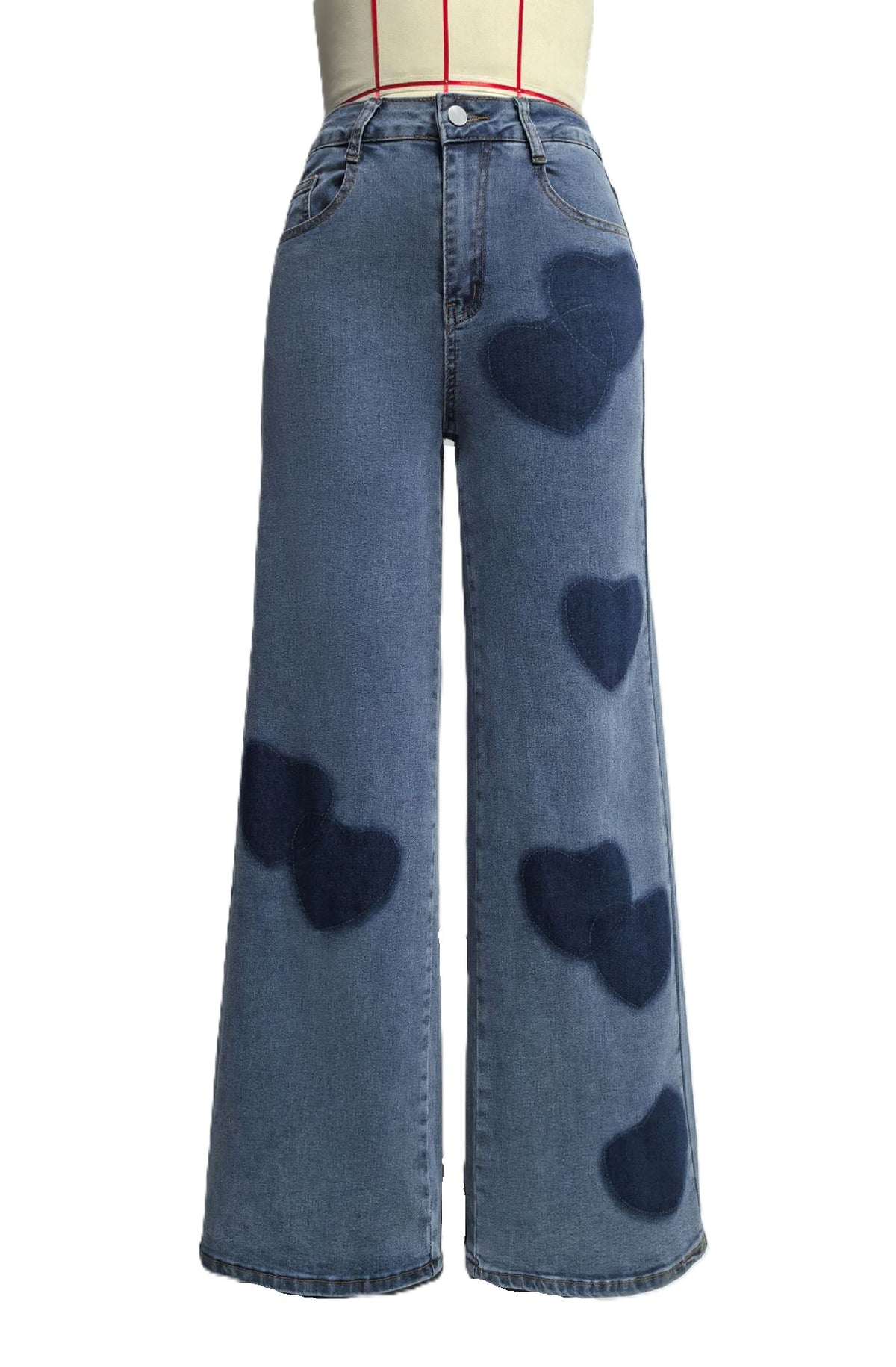 Heart Patch Wide Leg Denim Jeans - Blue - 1