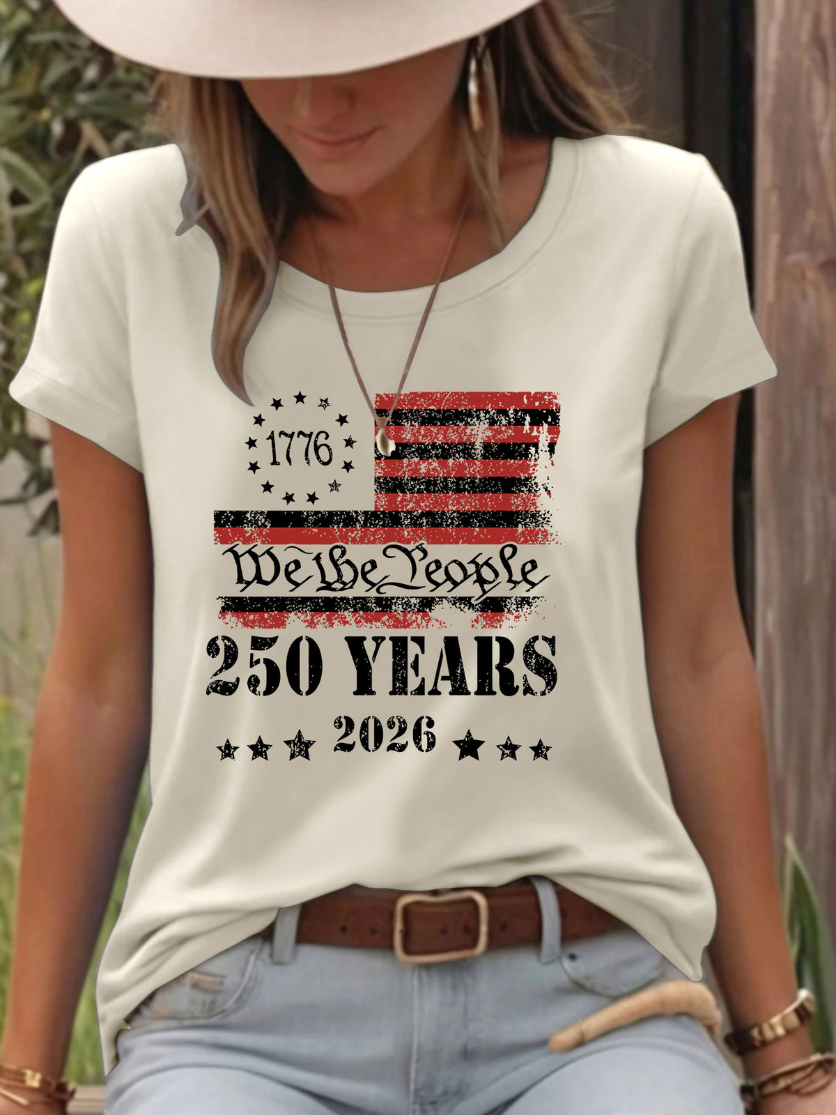 We The People Distressed Flag Graphic Tee - Apricot