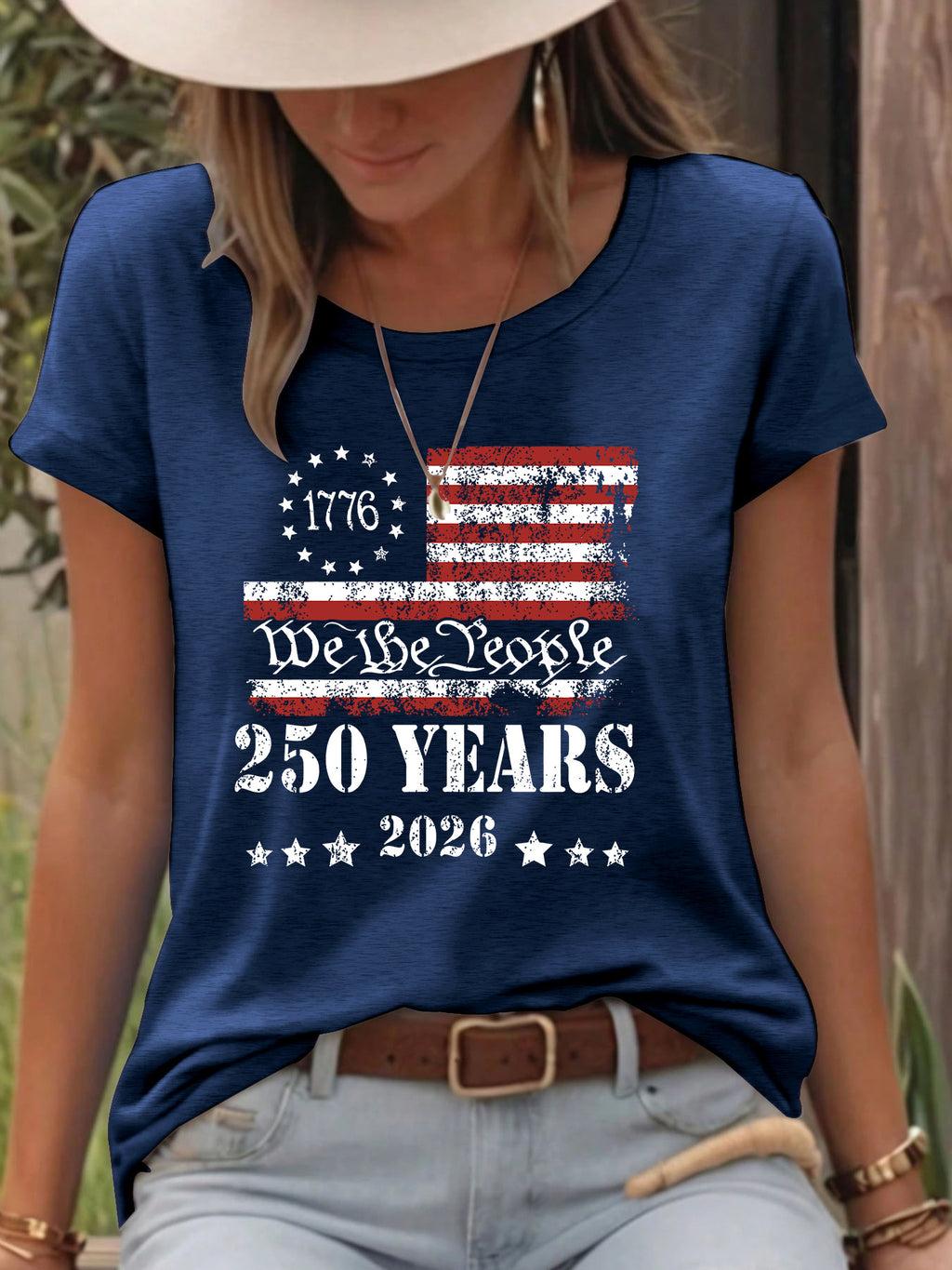 We The People Distressed Flag Graphic Tee - DarkBlue