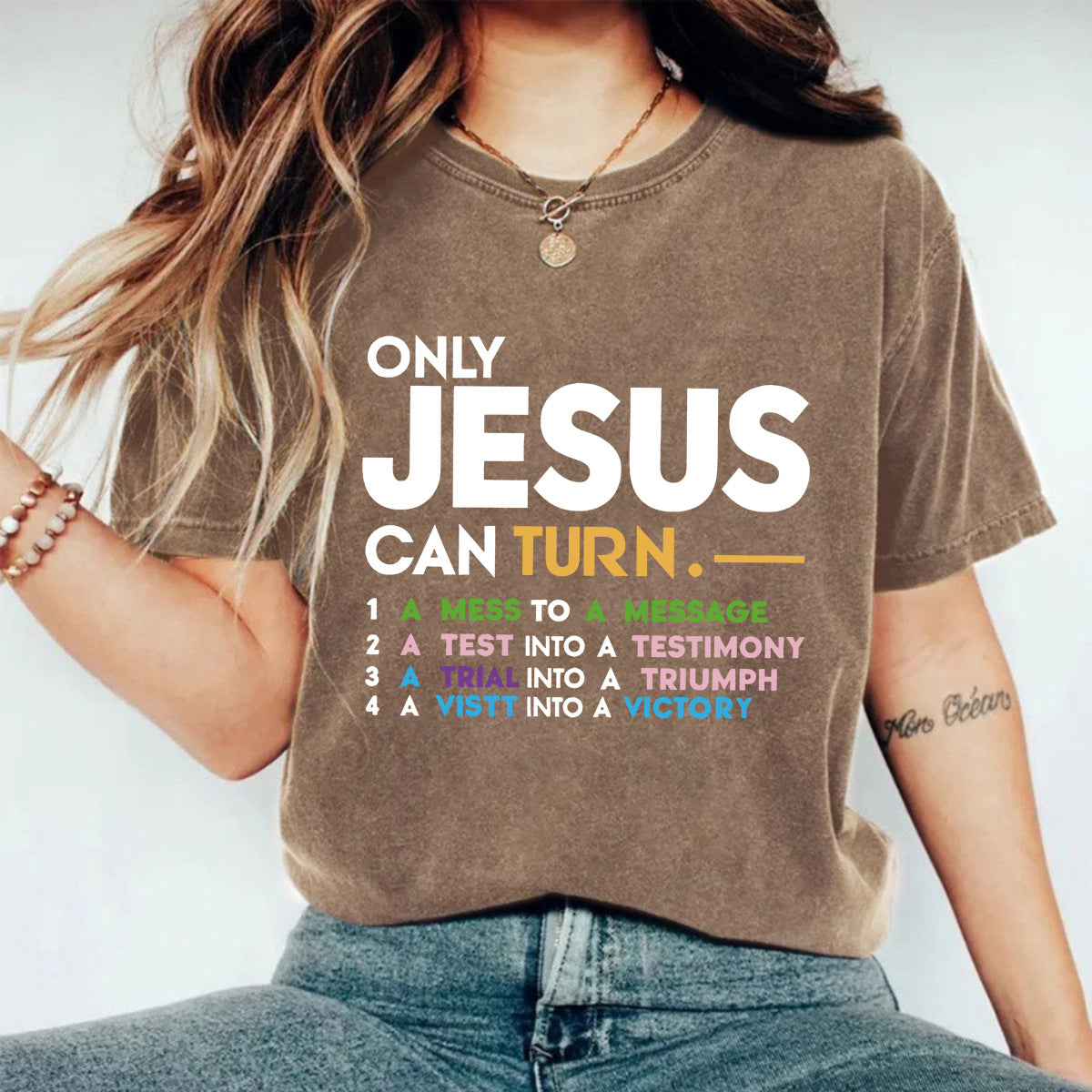 Faith Slogan Washed Graphic Tee - Coffee