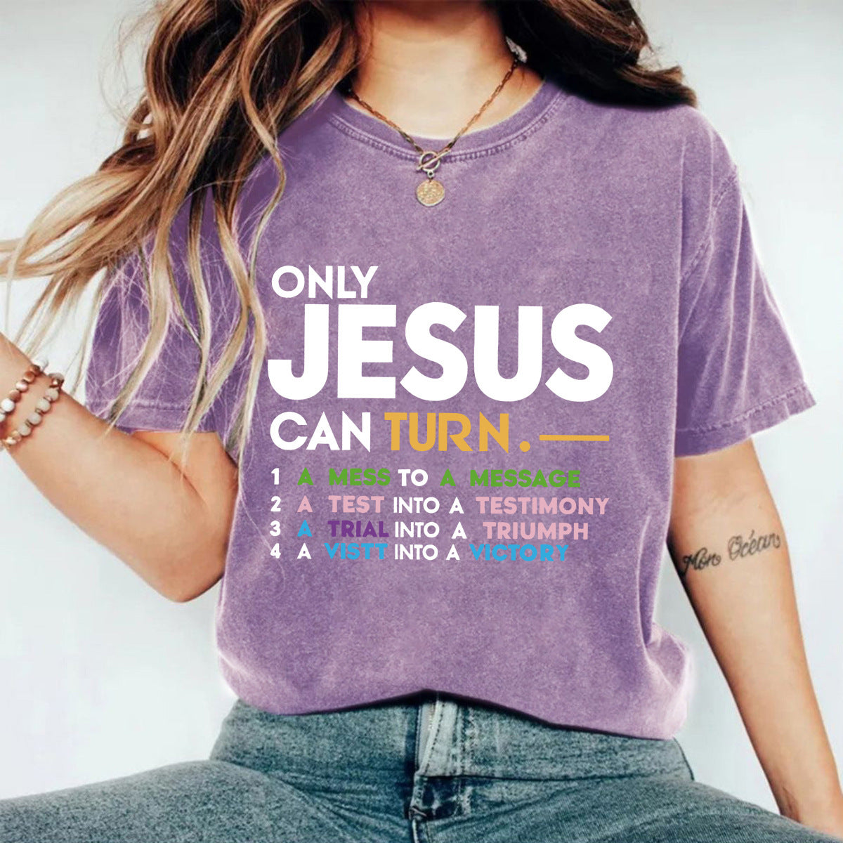 Faith Slogan Washed Graphic Tee - Purple