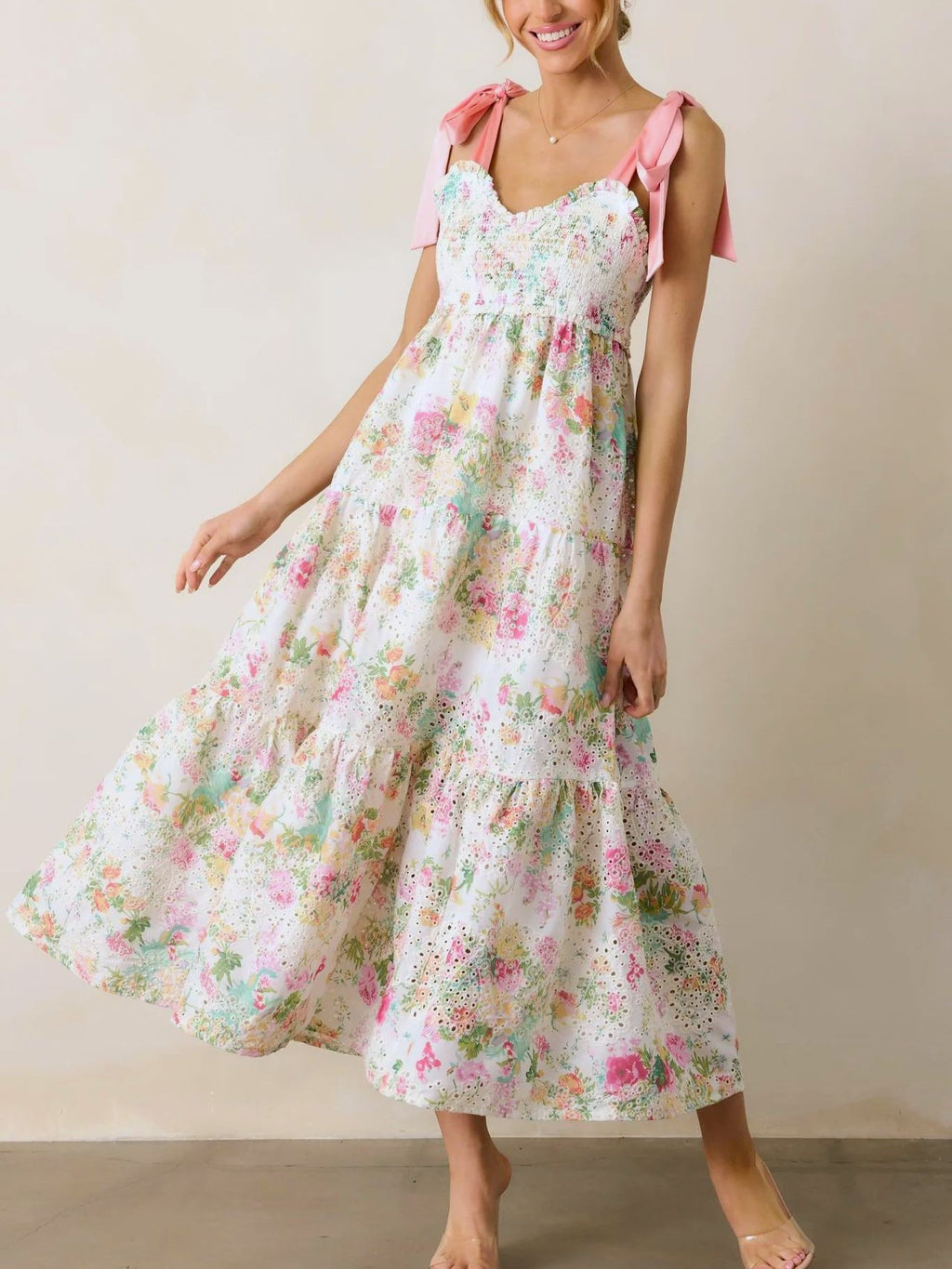 Floral Organza Tiered Tie Strap Midi Dress - Floral