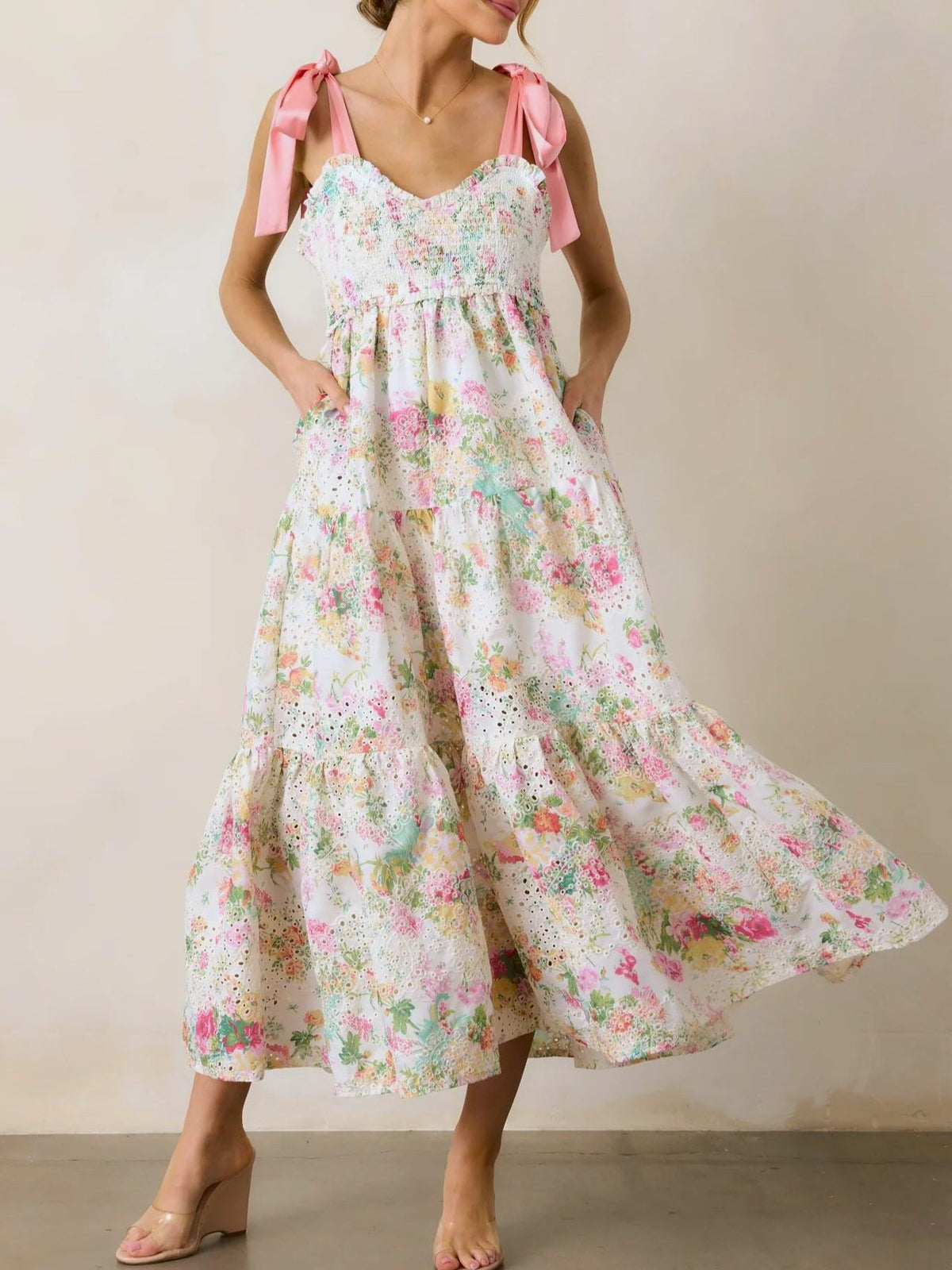 Floral Organza Tiered Tie Strap Midi Dress - Floral - 1