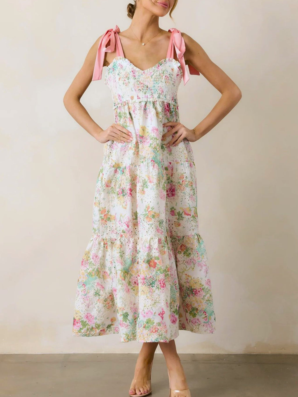 Floral Organza Tiered Tie Strap Midi Dress - Floral - 2