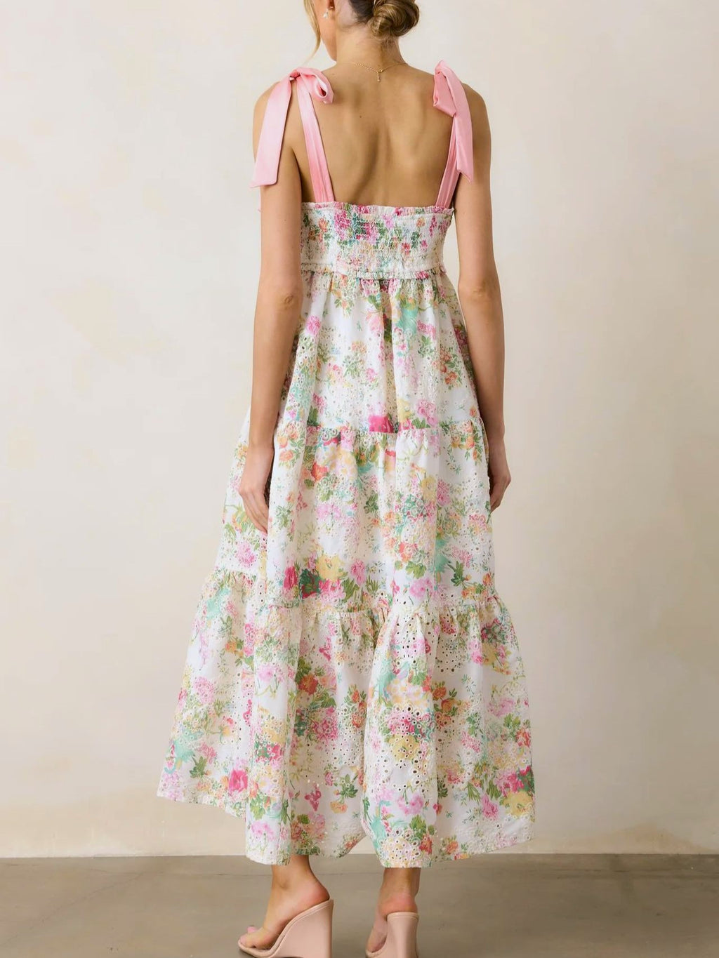 Floral Organza Tiered Tie Strap Midi Dress - Floral - 3