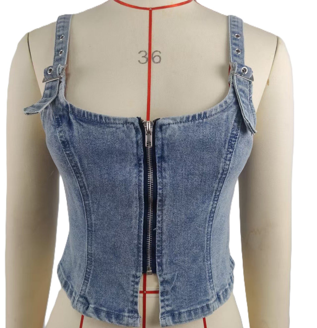 Zip Front Denim Corset Camisole Top - Blue - 1