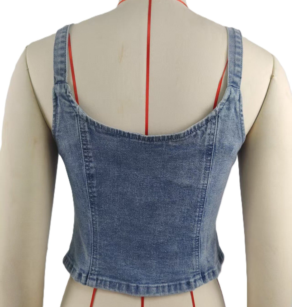 Zip Front Denim Corset Camisole Top - Blue - 2