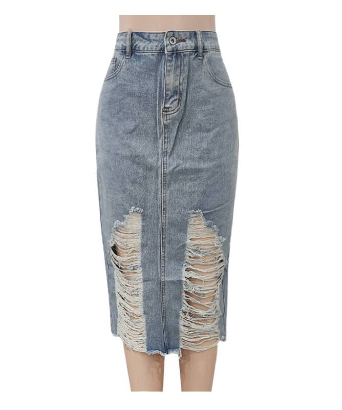 Distressed Denim Midi Pencil Skirt