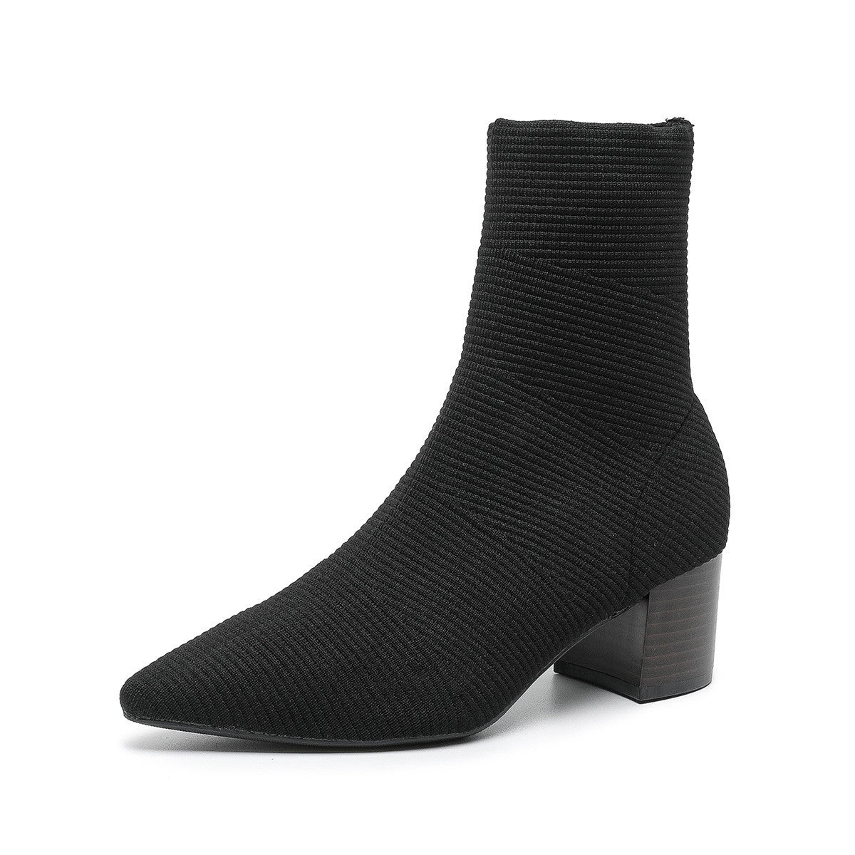 Pointed Toe Knit Sock Ankle Boots - Black