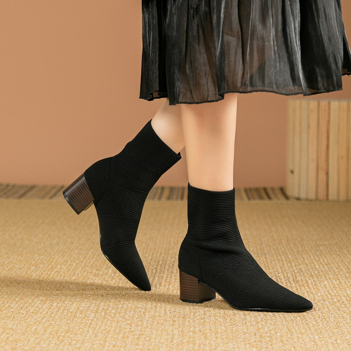 Pointed Toe Knit Sock Ankle Boots