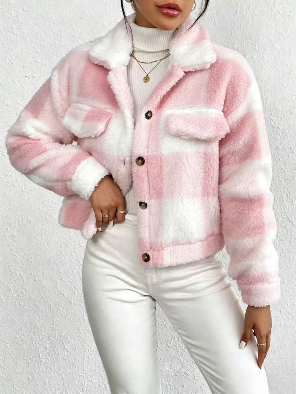 Pink Check Teddy Fleece Cropped Jacket - Pink