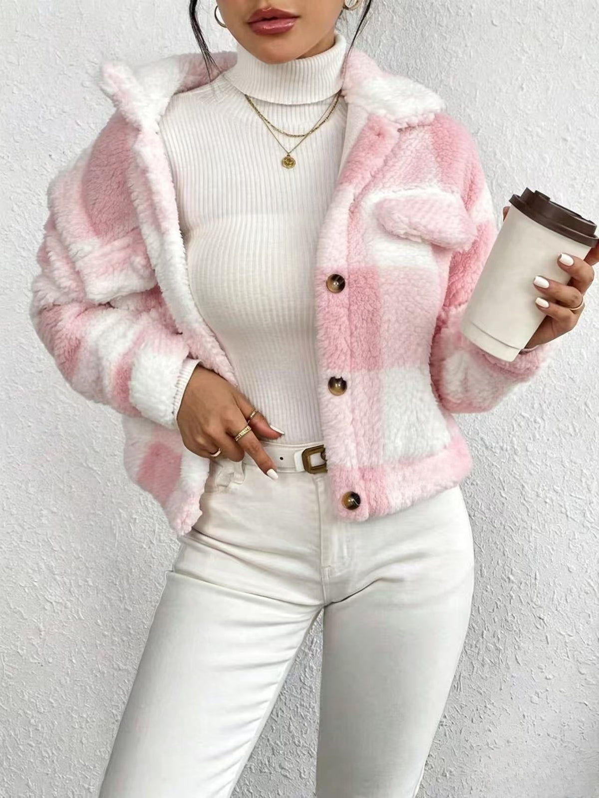 Pink Check Teddy Fleece Cropped Jacket - Pink - 1