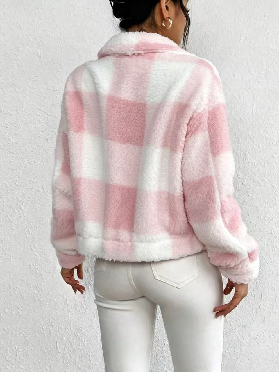 Pink Check Teddy Fleece Cropped Jacket - Pink - 2