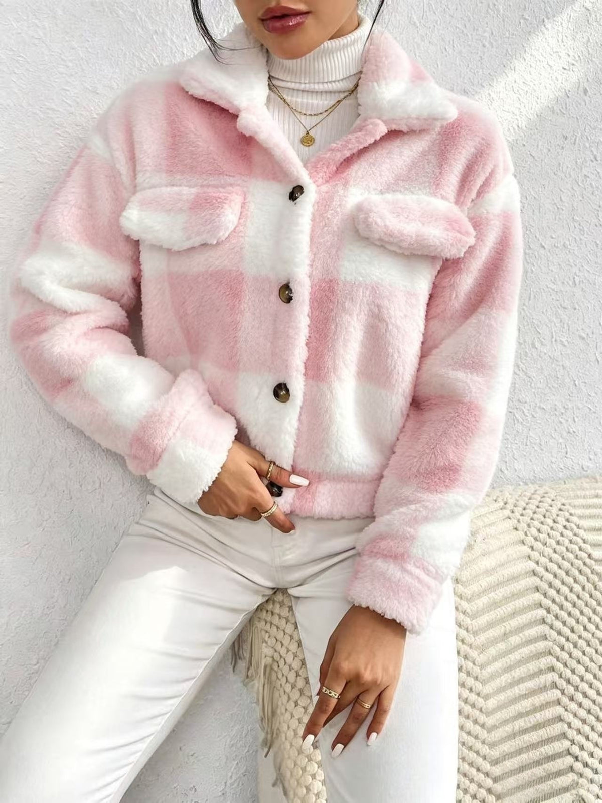 Pink Check Teddy Fleece Cropped Jacket - Pink - 3