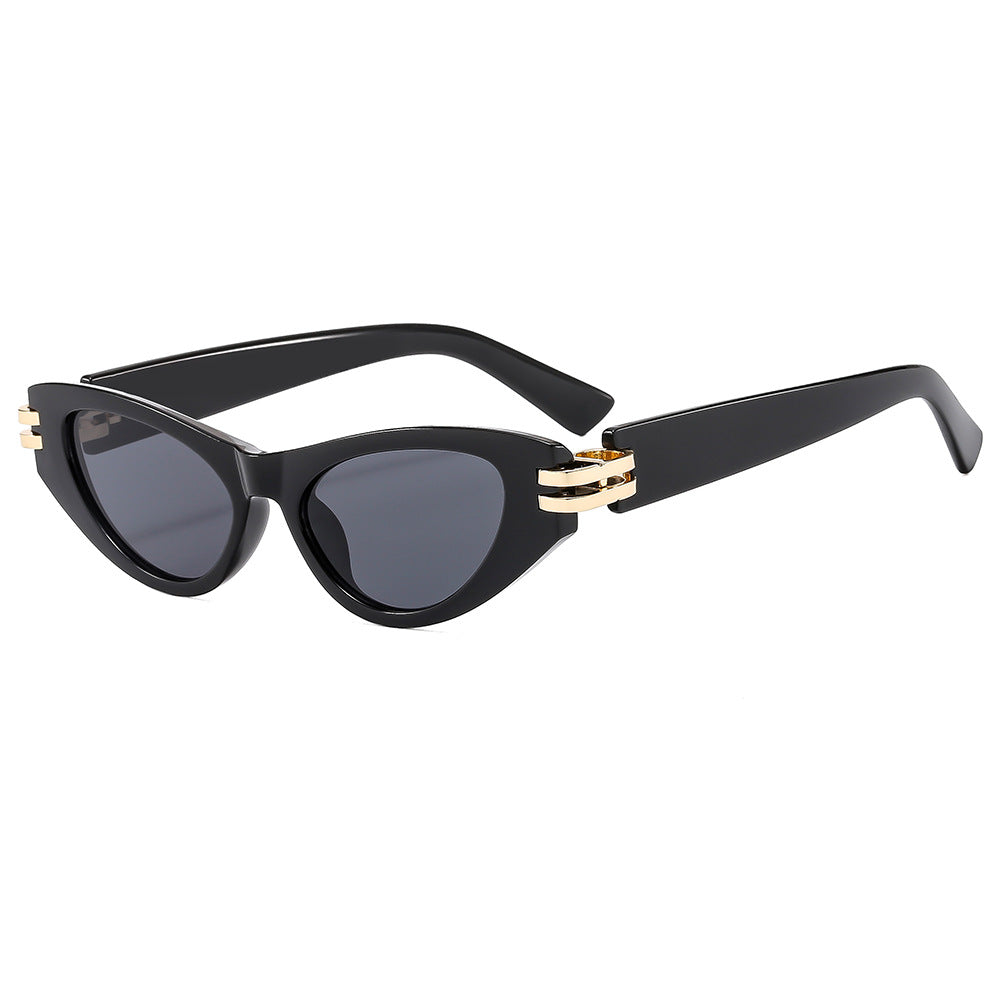 Slim Cat Eye Sunglasses With Gold Bar - Black