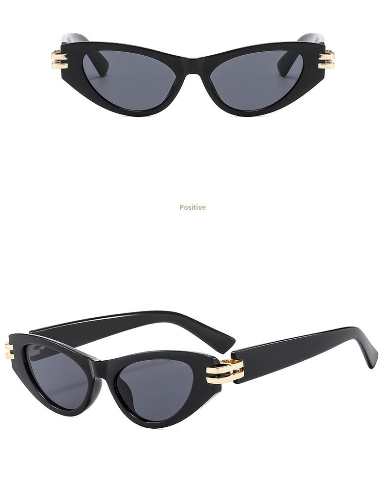 Slim Cat Eye Sunglasses With Gold Bar - Black - 1