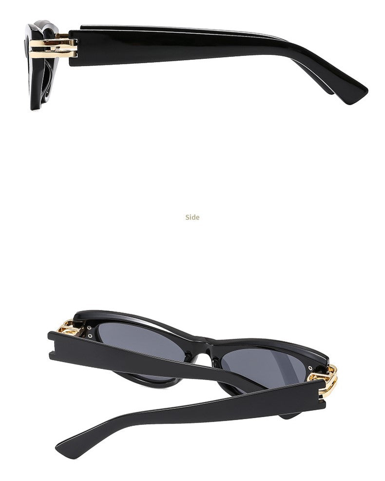 Slim Cat Eye Sunglasses With Gold Bar - Black - 2