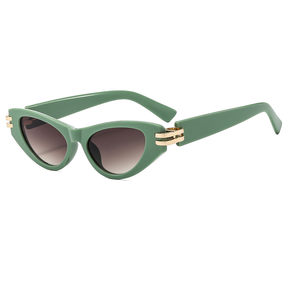 Slim Cat Eye Sunglasses With Gold Bar - Green