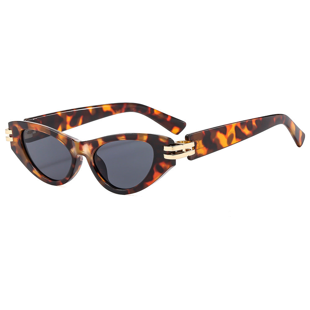 Slim Cat Eye Sunglasses With Gold Bar - Leopard