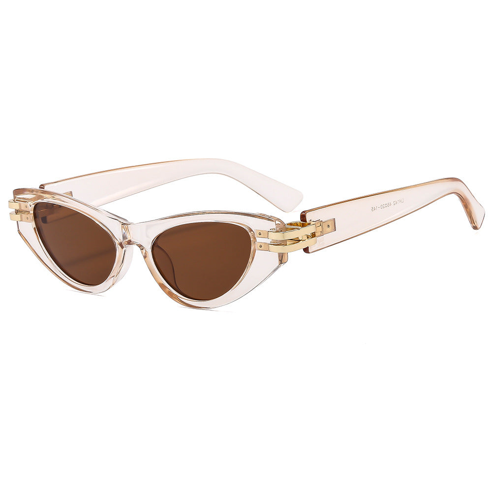 Slim Cat Eye Sunglasses With Gold Bar - Tea