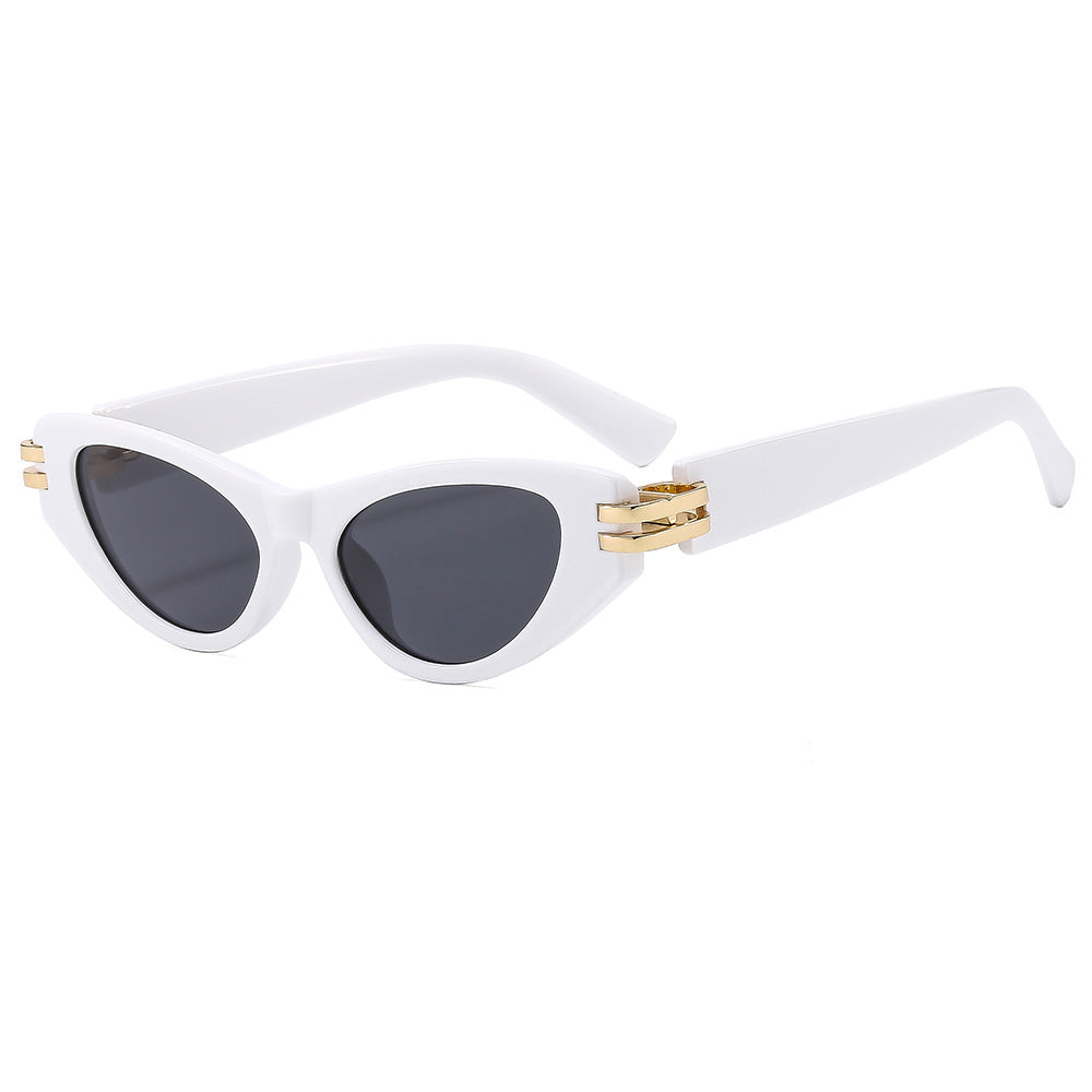 Slim Cat Eye Sunglasses With Gold Bar - White