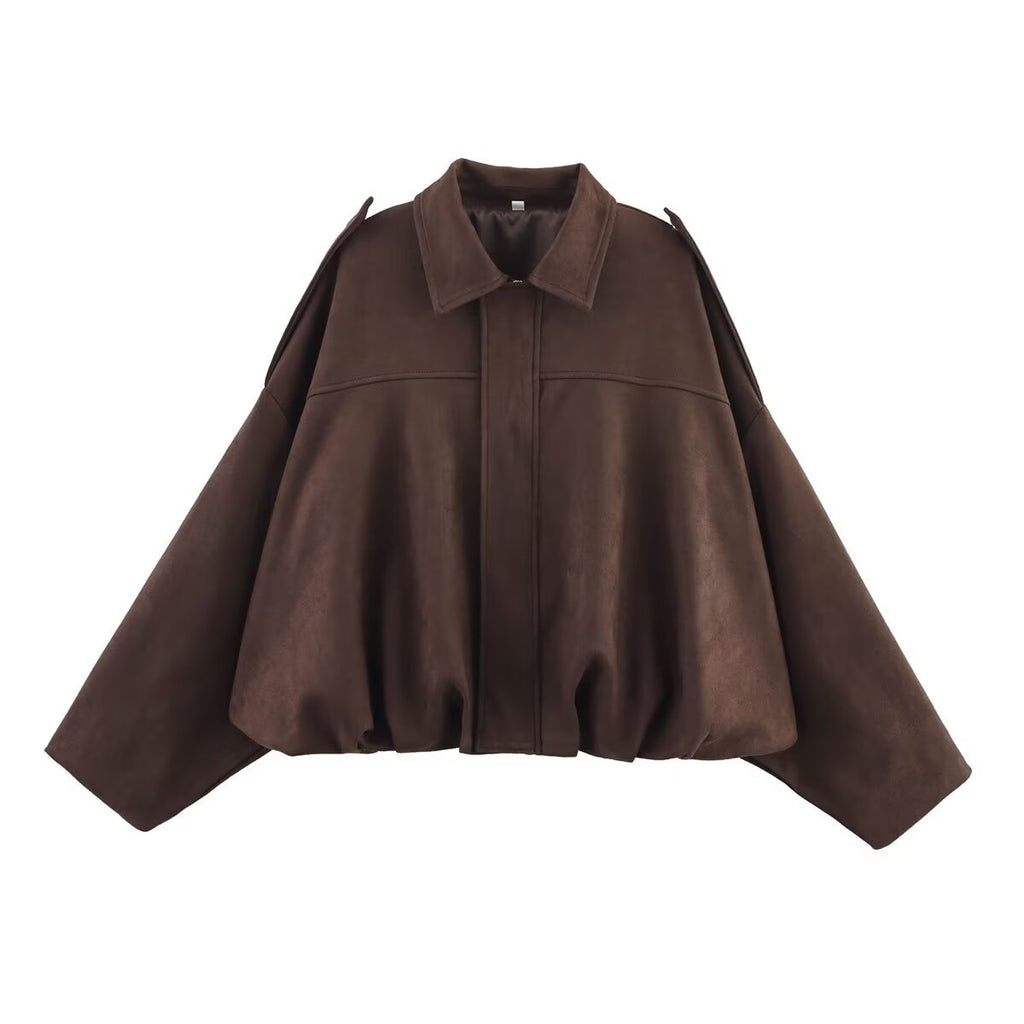 Faux Suede Cropped Balloon Sleeve Jacket - Coffee