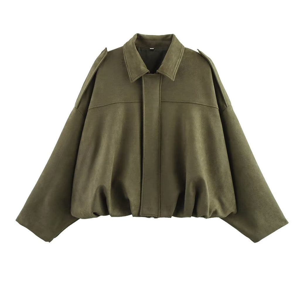 Faux Suede Cropped Balloon Sleeve Jacket - Green
