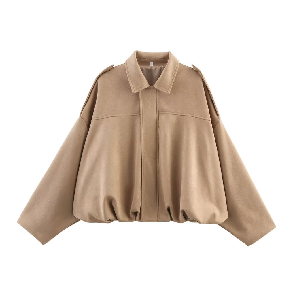 Faux Suede Cropped Balloon Sleeve Jacket - Khaki
